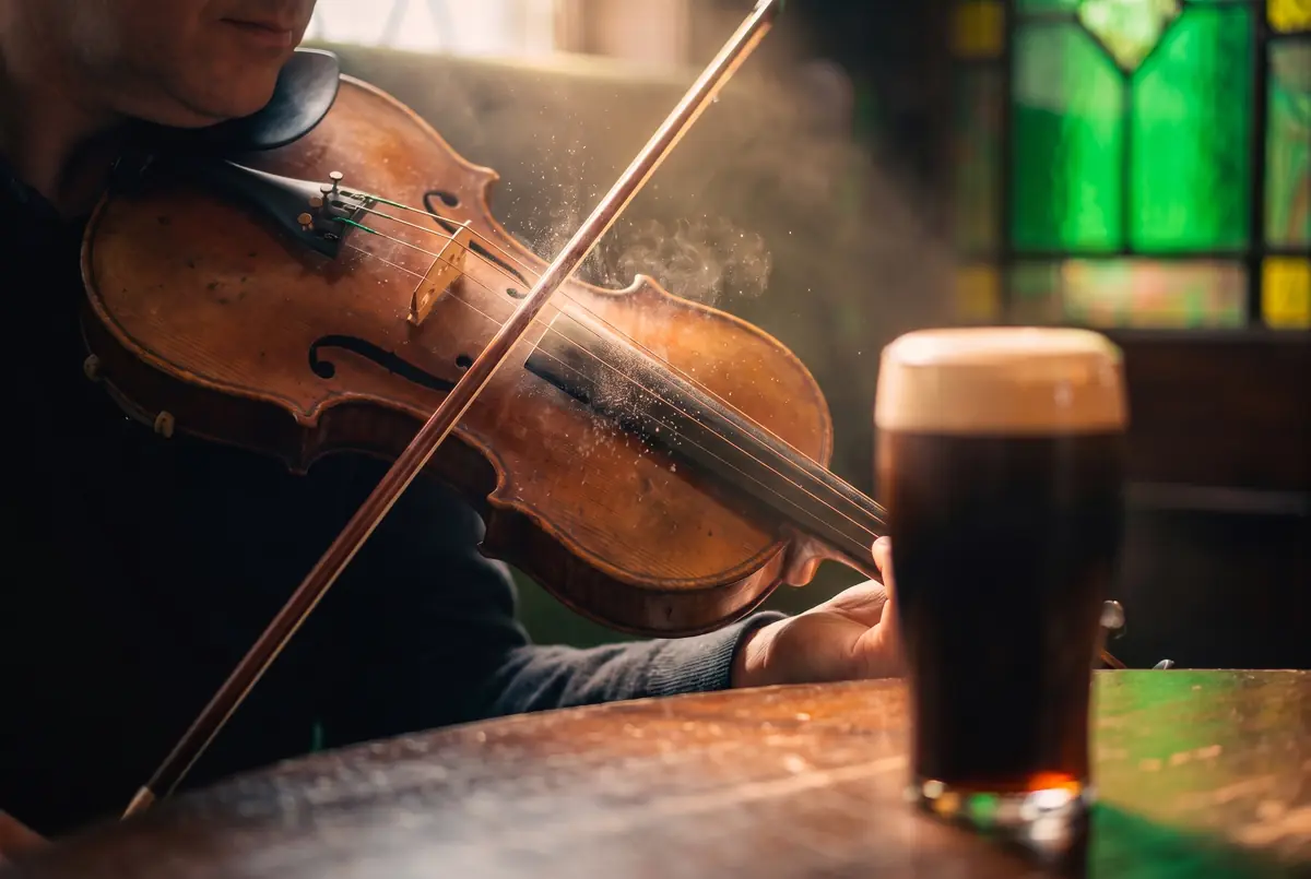 Close-up of a fiddle bow mid-stroke, with a pint of stout in the foreground.