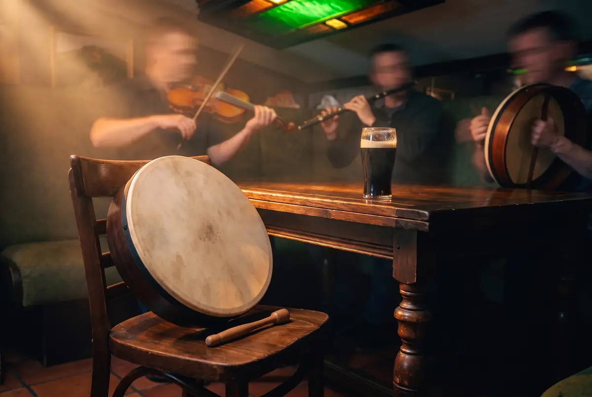A bodhrán and its tipper resting on an empty wooden chair by the session table, a pint of stout on the table and the players a blur behind.
