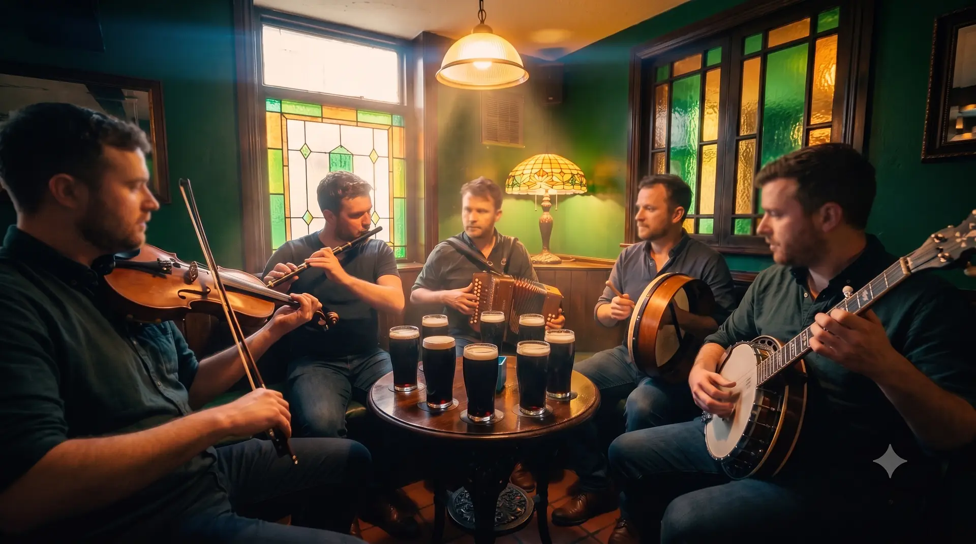 Five musicians mid-tune around a small dark-wood table, on fiddle, flute, button accordion, bodhrán and banjo, the table crowded with pints of stout under a Tiffany lamp and stained glass.