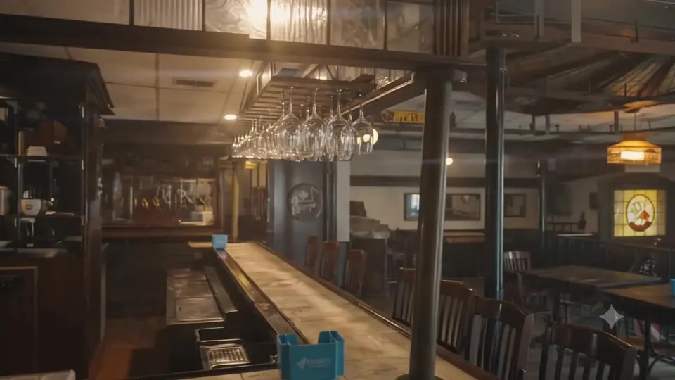 Wine glasses hanging over the long bar, with the dining room and a lit stained-glass window beyond