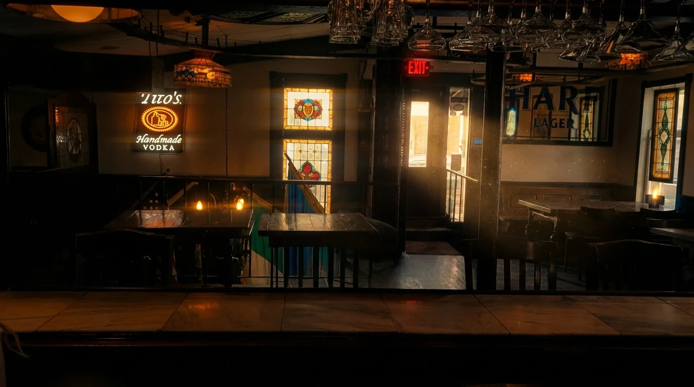 The dining room at Fenian's, neon and stained glass